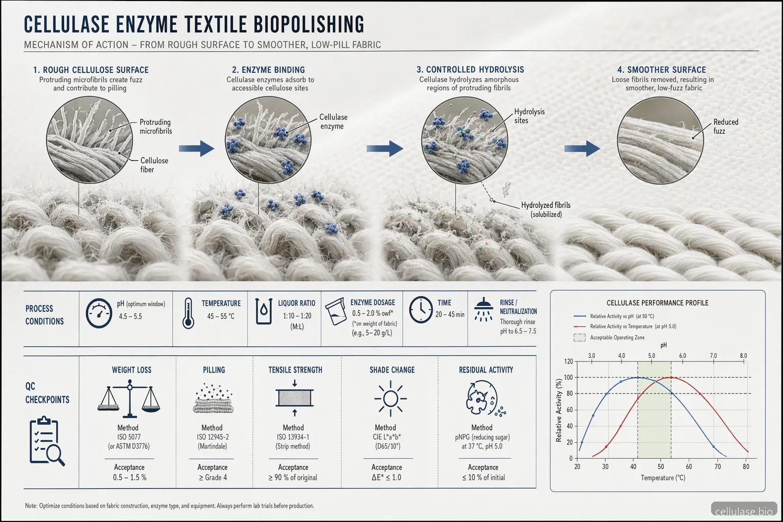 cellulase enzym textile biopolishing mechanism showing cellulose fiber smoothing, pH, temperature, and QC checkpoints