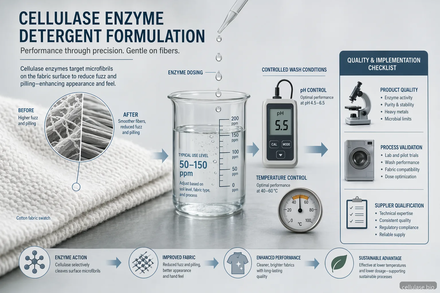 cellulase enzyme 세제 가이드로 투입량, pH-온도 한계, 섬유 관리, QC, 공급업체 확인 항목을 보여주는 이미지