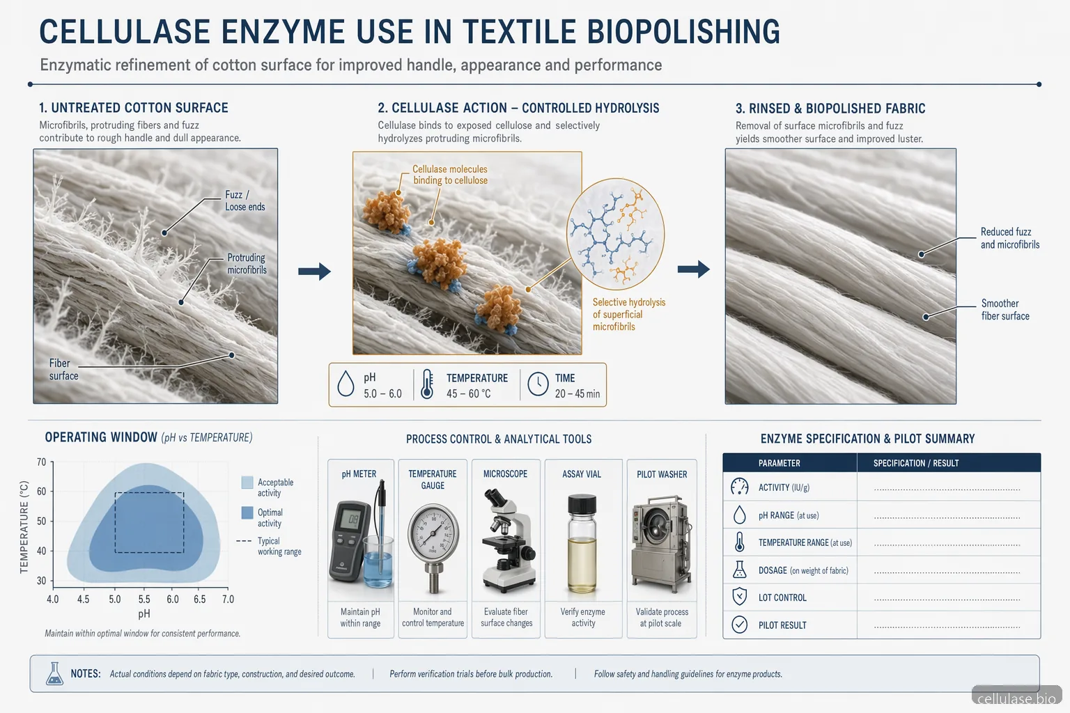 مخطط cellulase enzyme المعروض للبيع لتلميع الأقمشة حيويًا يوضح ألياف القماش ونطاق pH-درجة الحرارة وتدفق التحقق