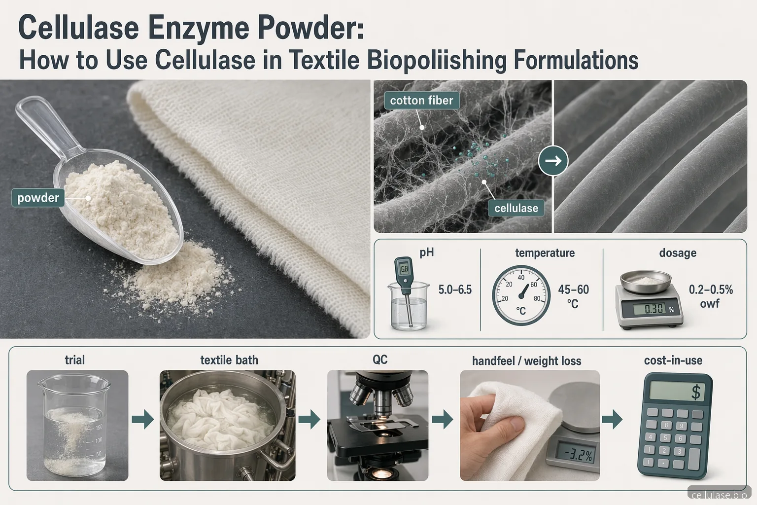 cellulase enzyme powder Leitfaden für Textil-Biopolishing mit Baumwollfaser, pH, Temperatur, Dosierung, QC und Kostenhinweisen
