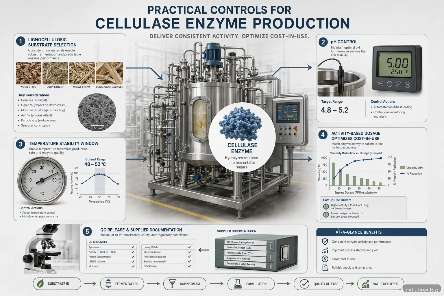 cellulase enzyme production practical controls, infographic showing substrate, pH, temperature, dosage, QC, supplier validation