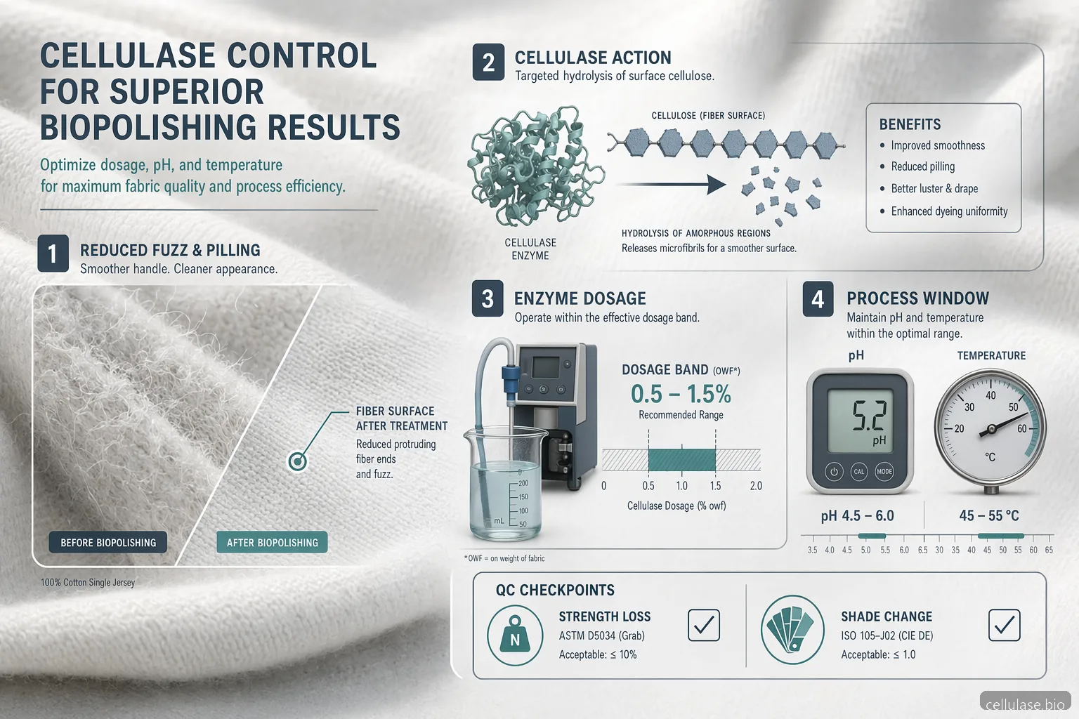 enzym cellulase textile biopolishing guide showing dosage, pH, temperature, fabric QC, and shade control