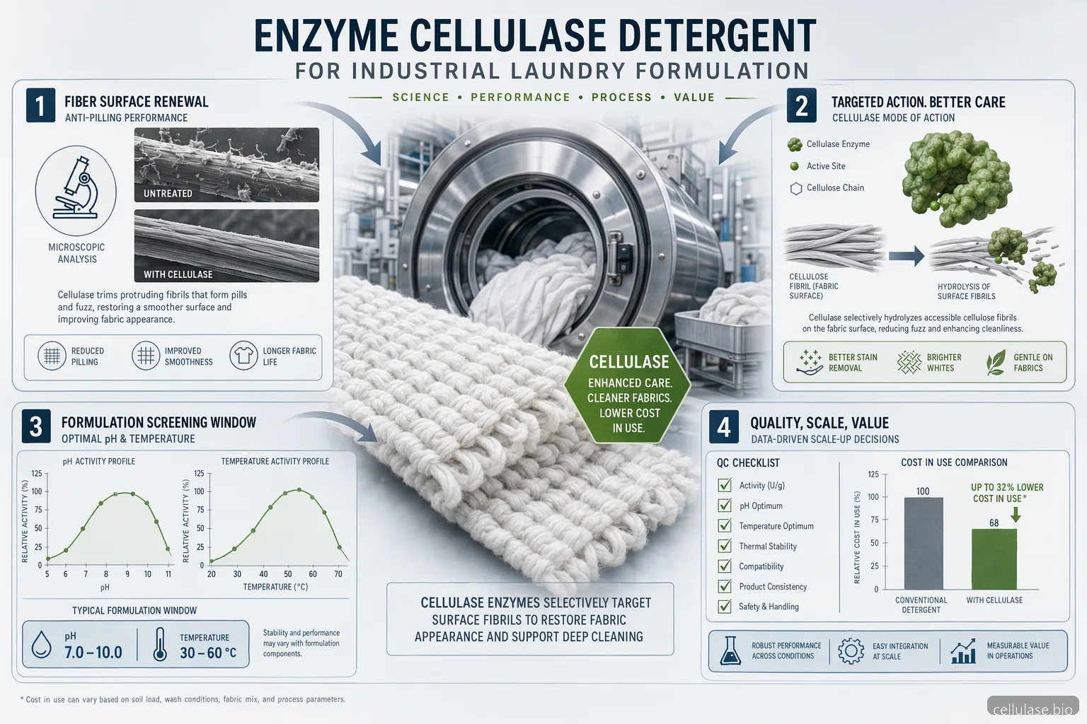 enzyme cellulase detergent industrial laundry formulation infographic showing fabric care, pH, temperature, QC, and cost-in-use