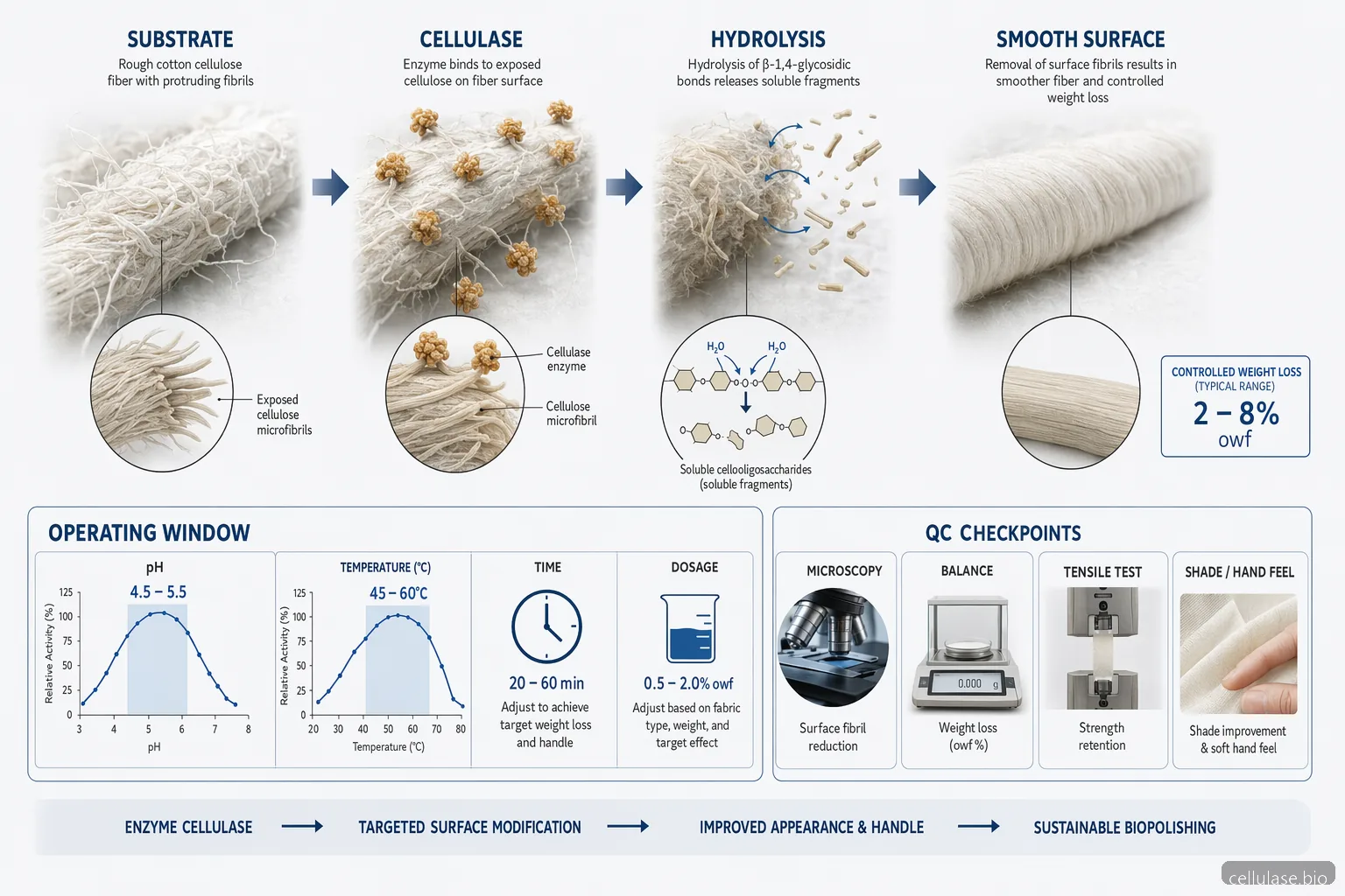 enzyme cellulase tekstil biopolering proces med pH, temperatur, reaktionsflow og QC-punkter for tekstil