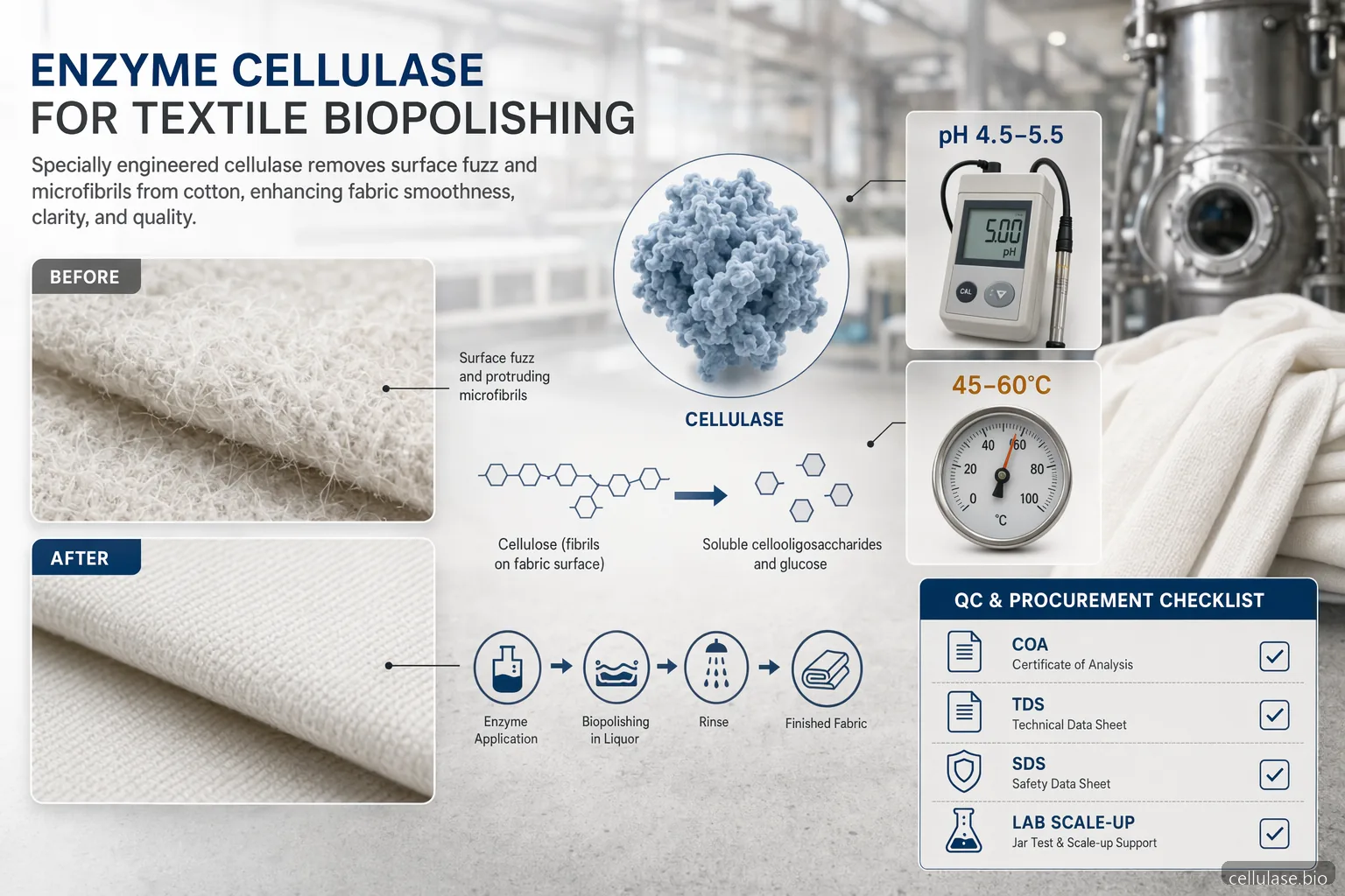 enzyme cellulase tekstil biopolering guide med rengøring af overflade, QC-kontrol og processtyring