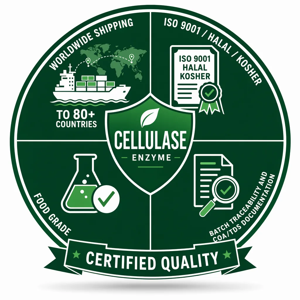 Cellulase quality &amp; certifications badge — ISO 9001, HALAL, KOSHER, Food Grade